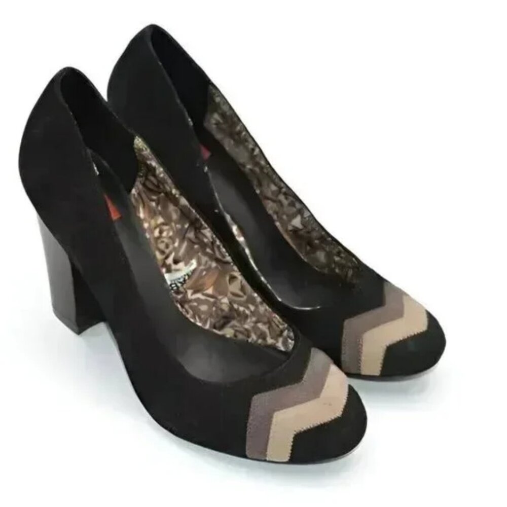 Missoni Black Chevron Tan Taupe Beige Color Block Leather Classic Pumps Heels 8